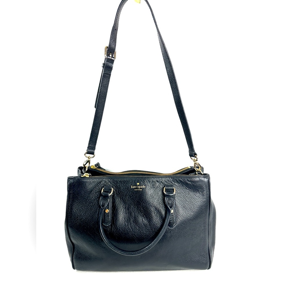 Kate Spade Black Pebbled Leather Large Shoulder Bag Purse 3 Sections Brass